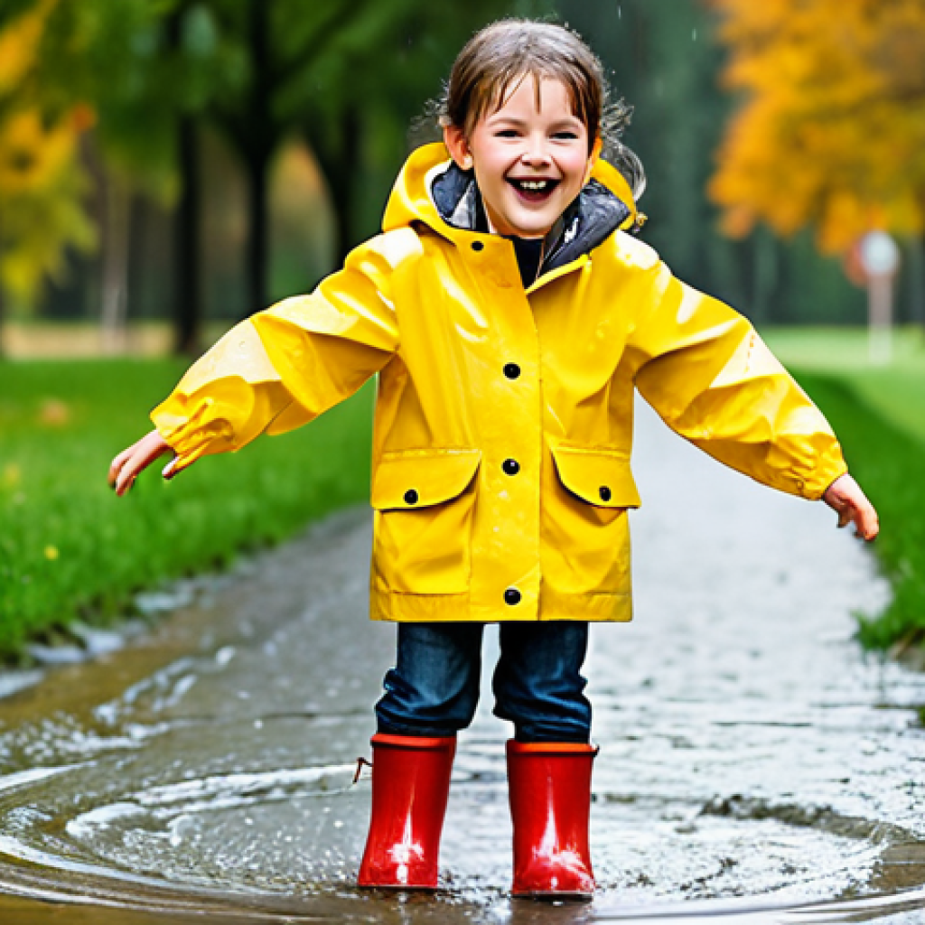 A joyful child, fully clothed in a vibrant yellow rain jacket and red rain boots, splashing happily in a large puddle on a rainy day. The child's face shows immense delight, and their natural pose is dynamic. The background features a blurred, autumnal park setting with lush green grass and wet trees. Professional photography, natural lighting, high resolution, vivid colors, sharp focus. safe for work, appropriate content, fully clothed, family-friendly, perfect anatomy, correct proportions, natural pose, well-formed hands, proper finger count, natural body proportions.