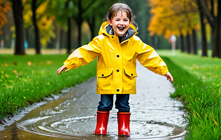 A joyful child, fully clothed in a vibrant yellow rain jacket and red rain boots, splashing happily in a large puddle on a rainy day. The child's face shows immense delight, and their natural pose is dynamic. The background features a blurred, autumnal park setting with lush green grass and wet trees. Professional photography, natural lighting, high resolution, vivid colors, sharp focus. safe for work, appropriate content, fully clothed, family-friendly, perfect anatomy, correct proportions, natural pose, well-formed hands, proper finger count, natural body proportions.