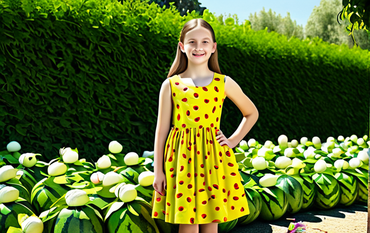 Playful Summer Dress**

"A young girl, fully clothed in a vibrant yellow summer dress with a playful fruit print (e.g., watermelons), appropriate attire, standing in a sunlit garden filled with blooming flowers, modest clothing, safe for work, perfect anatomy, natural proportions, family-friendly, high-quality rendering."

**