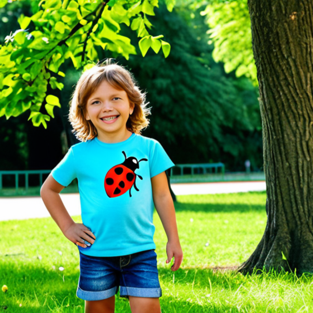 Organic Cotton Comfort**
* A young child (age 5-7) playing happily in a park on a sunny day. The child is wearing a light blue, short-sleeved t-shirt made of organic cotton with a small, friendly animal print (e.g., a ladybug or a bird). They are also wearing denim shorts. The child has a bright, cheerful expression. Background: lush green park with trees and other children playing. safe for work, appropriate content, fully clothed, modest, perfect anatomy, correct proportions, natural pose, well-formed hands, proper finger count, natural body proportions. Professional photograph, high quality.
**