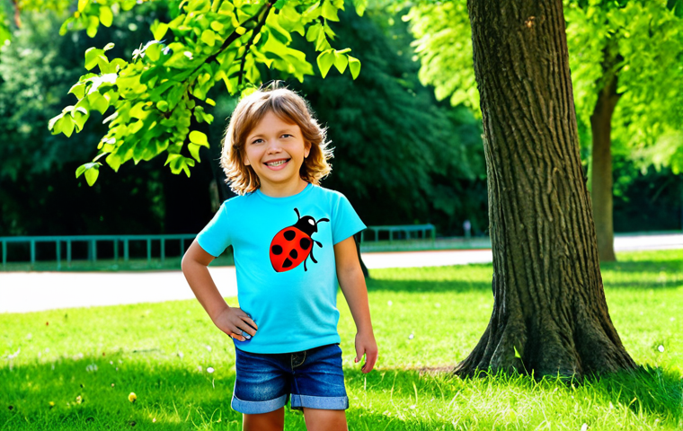 Organic Cotton Comfort**
* A young child (age 5-7) playing happily in a park on a sunny day. The child is wearing a light blue, short-sleeved t-shirt made of organic cotton with a small, friendly animal print (e.g., a ladybug or a bird). They are also wearing denim shorts. The child has a bright, cheerful expression. Background: lush green park with trees and other children playing. safe for work, appropriate content, fully clothed, modest, perfect anatomy, correct proportions, natural pose, well-formed hands, proper finger count, natural body proportions. Professional photograph, high quality.
**
