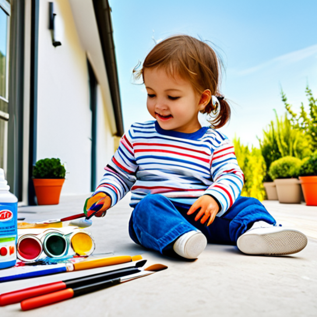 유아용 무지 스니커즈 - **
"A toddler happily painting white sneakers with colorful fabric paints, sitting on a bright pati...