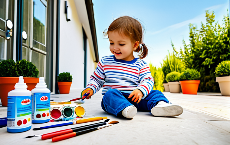 유아용 무지 스니커즈 - **
"A toddler happily painting white sneakers with colorful fabric paints, sitting on a bright pati...