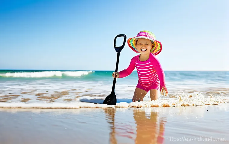 유아용 비치웨어 스타일 - **Prompt 1: Dynamic Beach Fun with UPF 50+ Protection**
Create an image of a vibrant, sunny beac...