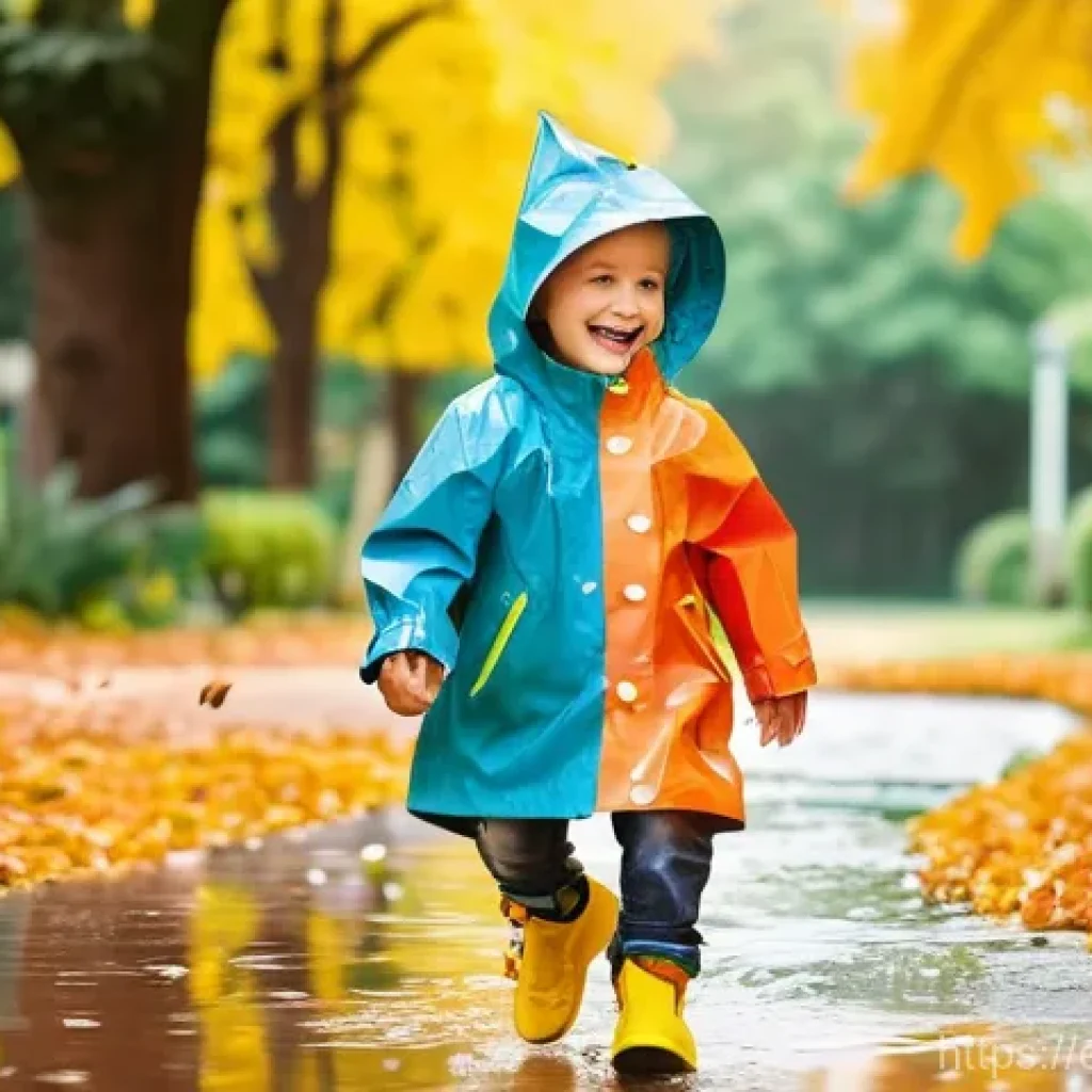 유아용 우비 스타일 - **Vibrant Rain Adventure in a Breathable Raincoat**
    An energetic child, approximately 6 years ol...