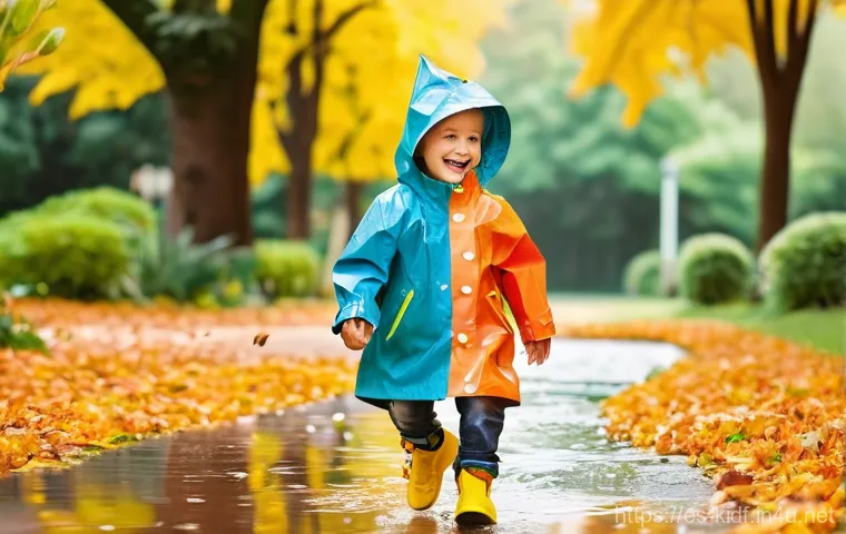 유아용 우비 스타일 - **Vibrant Rain Adventure in a Breathable Raincoat**
    An energetic child, approximately 6 years ol...