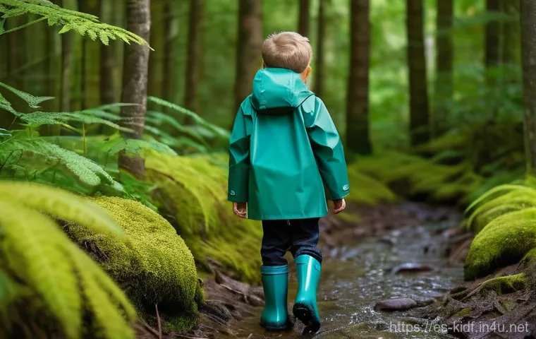 유아용 우비 스타일 - **Vibrant Rain Adventure in a Breathable Raincoat**
    An energetic child, approximately 6 years ol...