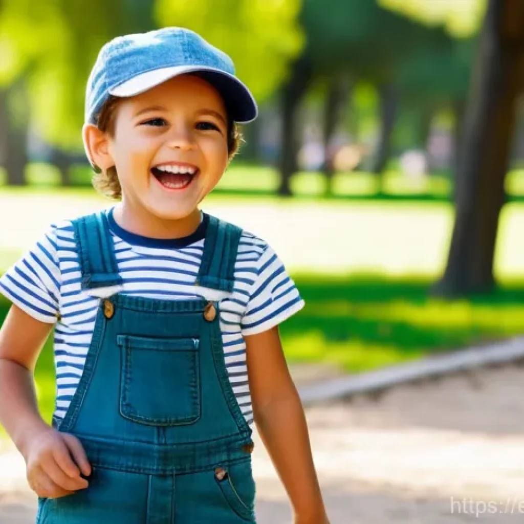 아동용 오버롤 스타일링 - **Prompt: Urban Explorer in Madrid's Retiro Park**
    A happy and active 5-year-old child, of Spani...