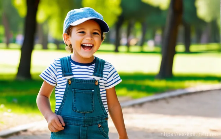아동용 오버롤 스타일링 - **Prompt: Urban Explorer in Madrid's Retiro Park**
    A happy and active 5-year-old child, of Spani...
