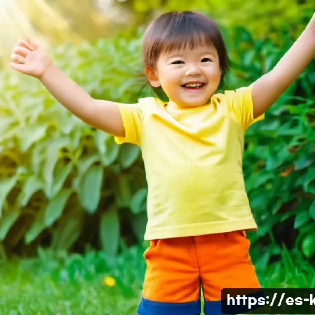 키즈룩에서 중요한 컬러 - A joyful preschool child playing outdoors wearing bright, colorful clothing: a vivid yellow t-shirt ...