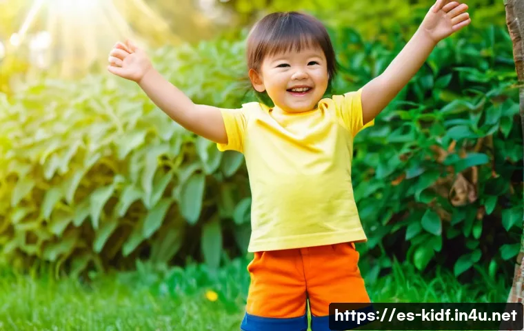 키즈룩에서 중요한 컬러 - A joyful preschool child playing outdoors wearing bright, colorful clothing: a vivid yellow t-shirt ...
