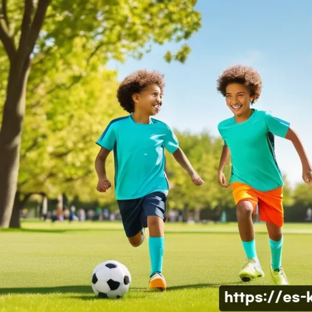 아이들의 여름 스포츠웨어 - A cheerful outdoor scene featuring two children, around 7-9 years old, playing soccer in a sunny par...