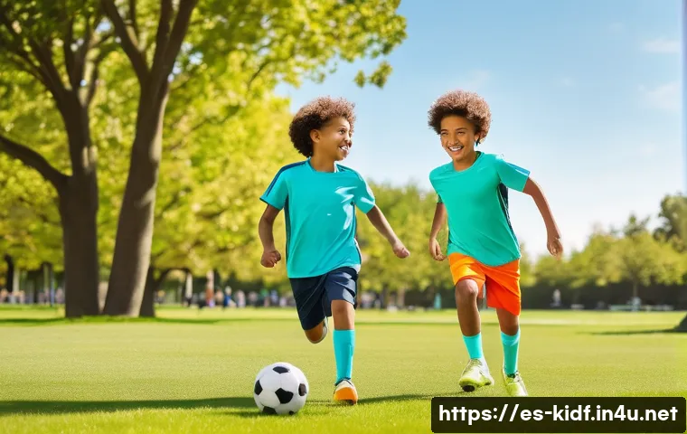 아이들의 여름 스포츠웨어 - A cheerful outdoor scene featuring two children, around 7-9 years old, playing soccer in a sunny par...