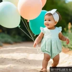 아이들을 위한 파티웨어 - A charming scene of a toddler wearing a soft, organic cotton pastel-colored outfit with gentle peach...