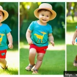 어린이용 반바지 코디 - A lively summer scene featuring a happy toddler wearing brightly colored shorts in vibrant red, elec...