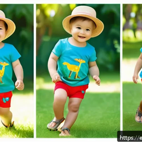 어린이용 반바지 코디 - A lively summer scene featuring a happy toddler wearing brightly colored shorts in vibrant red, elec...