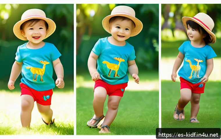 어린이용 반바지 코디 - A lively summer scene featuring a happy toddler wearing brightly colored shorts in vibrant red, elec...