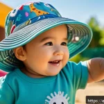 아동 여름 모자 추천 - A cheerful toddler wearing a colorful UPF 50+ sun hat made of breathable polyester, featuring vibran...