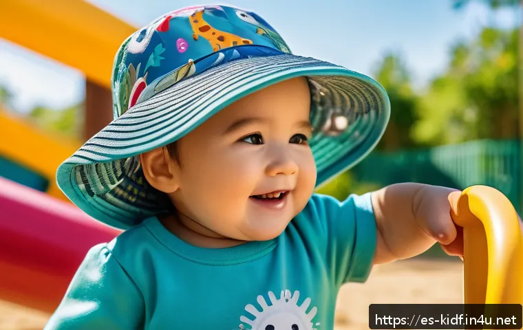 아동 여름 모자 추천 - A cheerful toddler wearing a colorful UPF 50+ sun hat made of breathable polyester, featuring vibran...