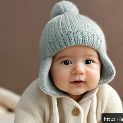 유아용 겨울 모자 추천 - A cozy baby wearing a soft merino wool winter hat with ear flaps, featuring a gentle, smooth texture...