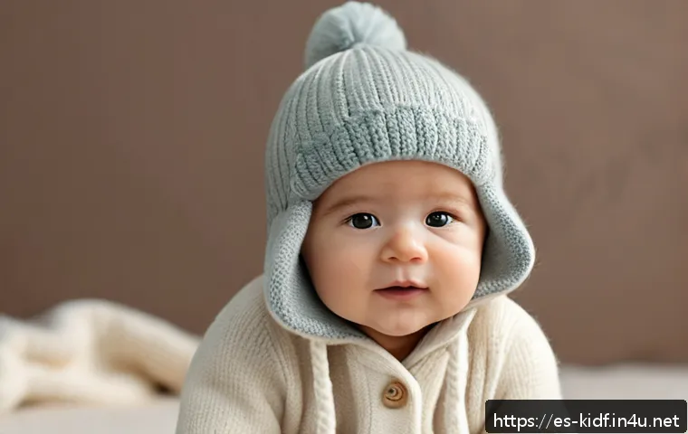 유아용 겨울 모자 추천 - A cozy baby wearing a soft merino wool winter hat with ear flaps, featuring a gentle, smooth texture...