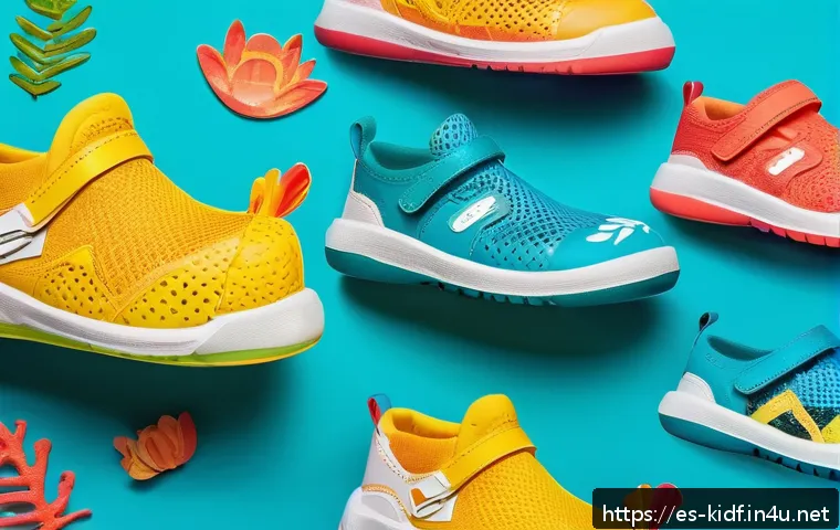 유아용 신발 브랜드 비교 - A vibrant and colorful children’s shoe display featuring breathable mesh and lightweight materials, ...