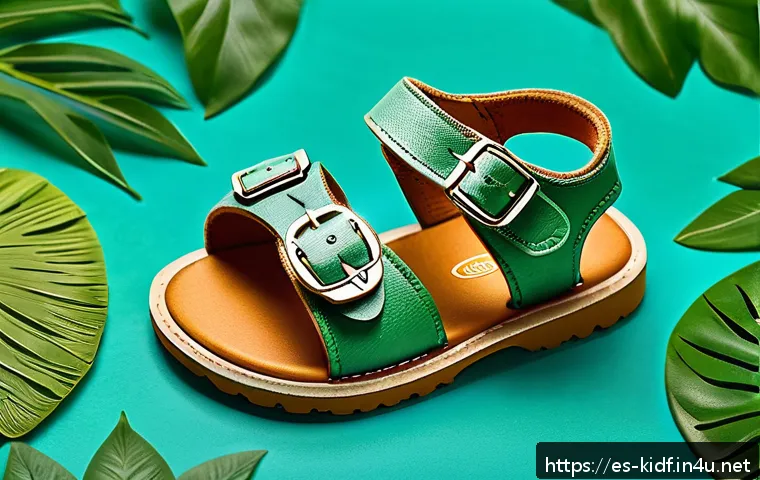 아동용 여름 샌들 - A vibrant and detailed image of sustainable children’s summer sandals made from recycled leather and...