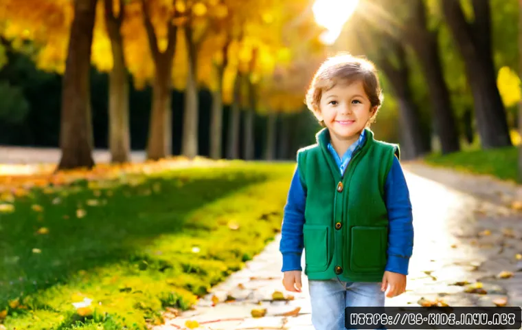 아동용 플리스 베스트 - Photorealistic lifestyle product scene of a cheerful young child wearing a soft forest-green fleece ...