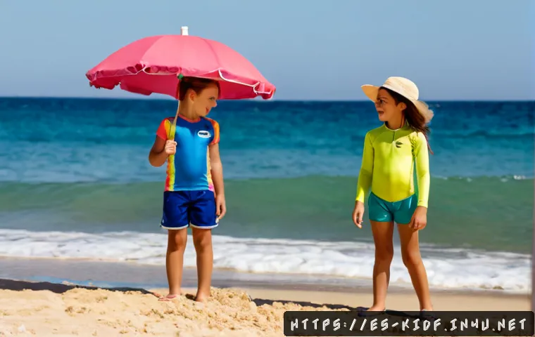 어린이 비치웨어 스타일 - Photorealistic lifestyle scene of two cheerful children wearing modest colorful rash guards, swim sh...